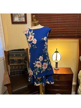 Eliza J Sleeveless Dress Blue Floral Tiered Hem Size 6